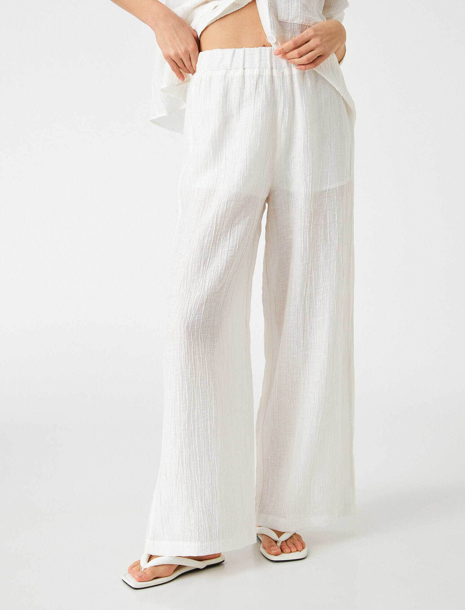   Beli Lastikli Bol Paçalı Pantolon Keten Karışımlı