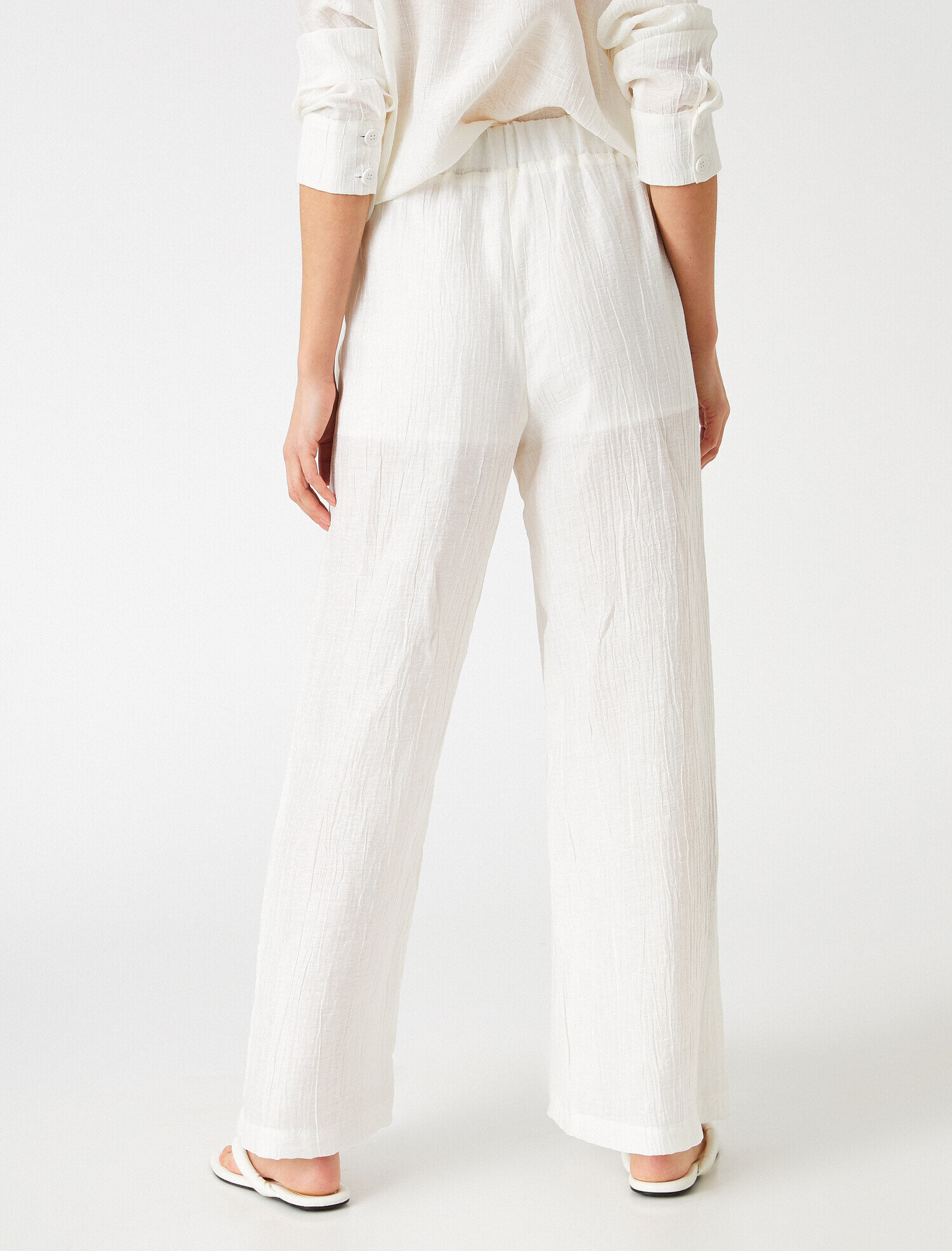   Beli Lastikli Bol Paçalı Pantolon Keten Karışımlı