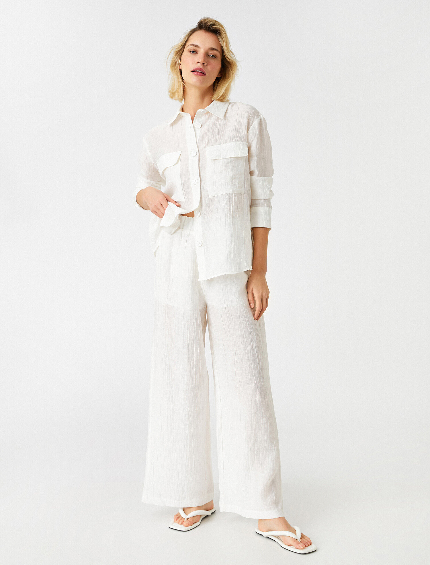   Beli Lastikli Bol Paçalı Pantolon Keten Karışımlı