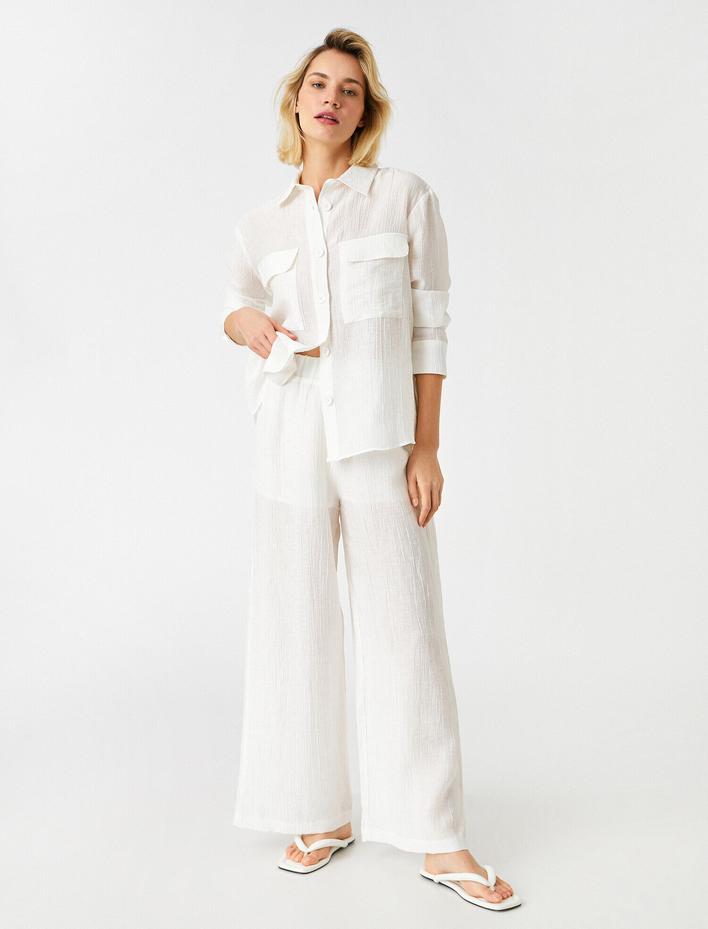  Beli Lastikli Bol Paçalı Pantolon Keten Karışımlı