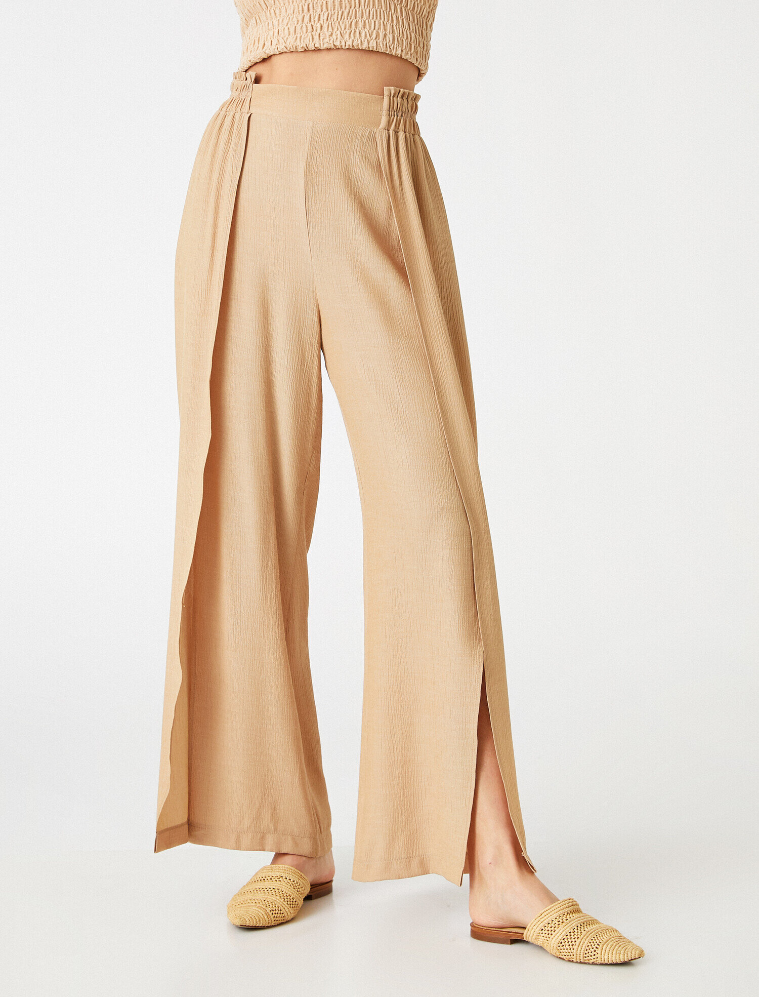   Beli Lastikli Bol Paça Yırtmaçlı Pantolon