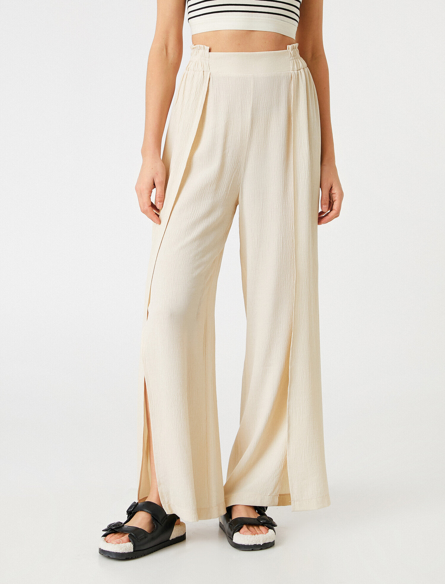   Beli Lastikli Bol Paça Yırtmaçlı Pantolon