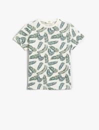 Tüy Baskılı Kısa Kollu Tişört Bisiklet Yaka Pamuklu