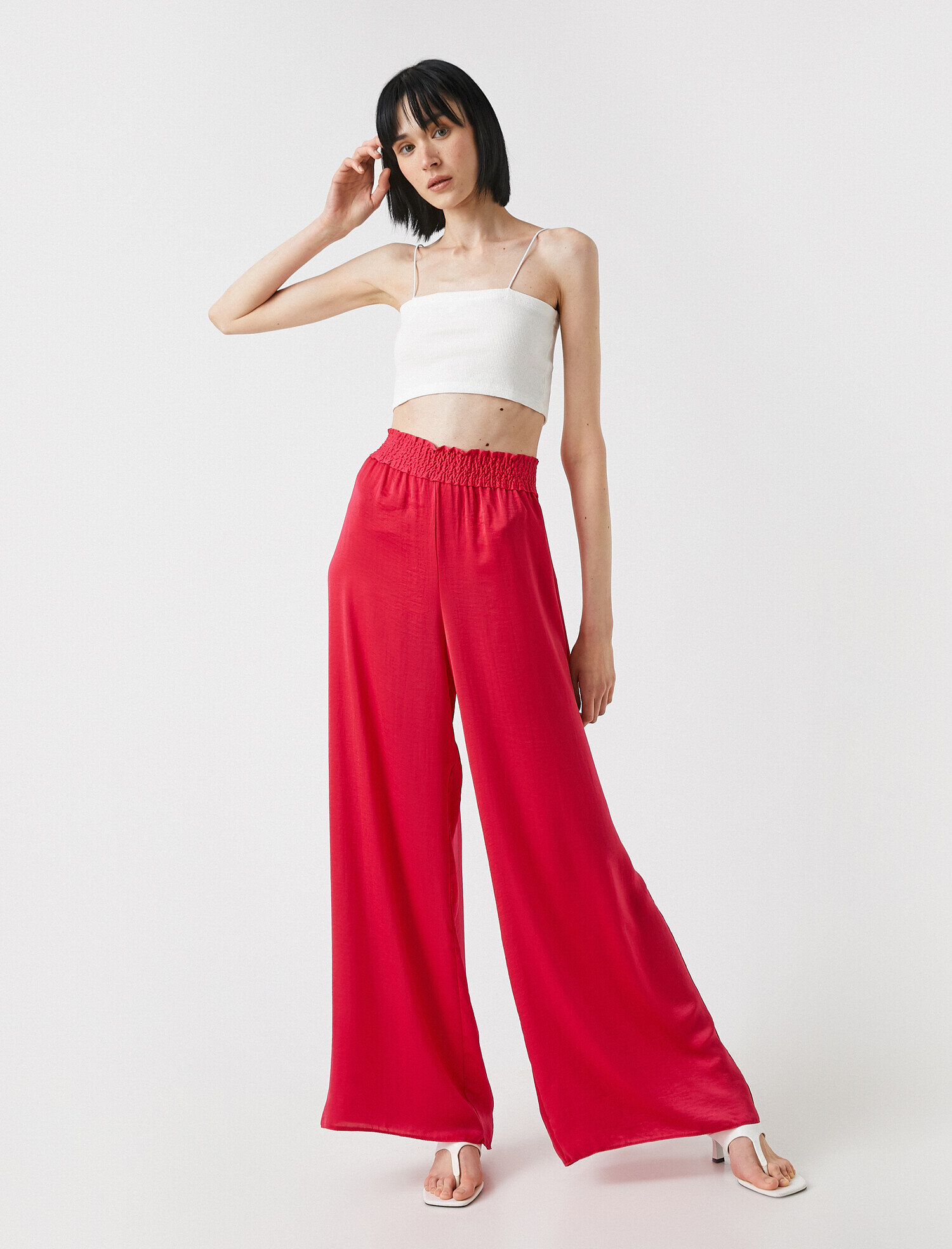   Geniş Paça Beli Lastikli Pantolon Saten Görünümlü