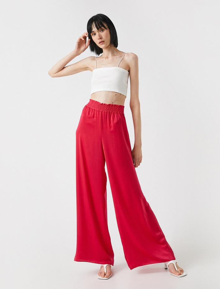  Geniş Paça Beli Lastikli Pantolon Saten Görünümlü