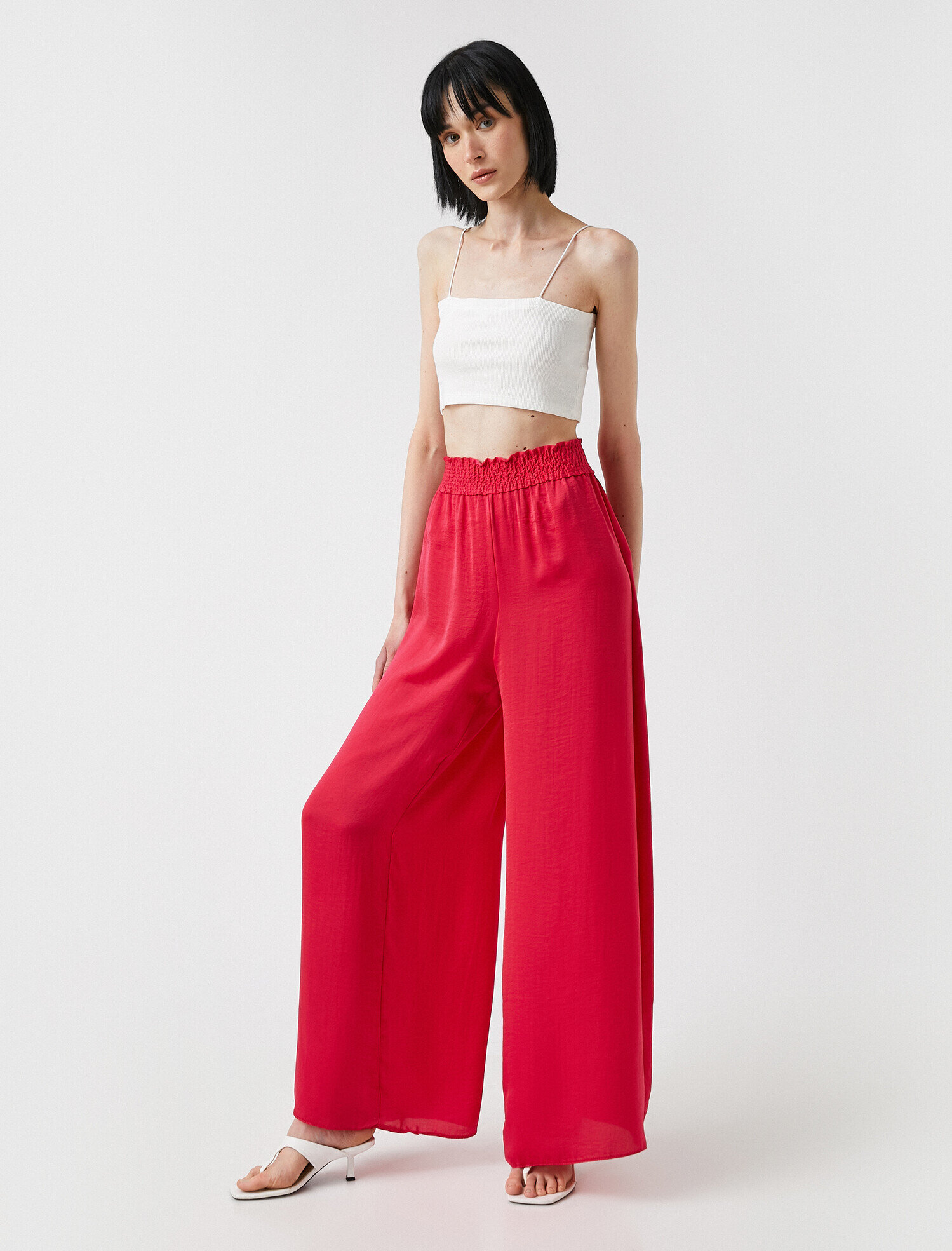   Geniş Paça Beli Lastikli Pantolon Saten Görünümlü