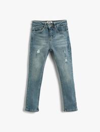 Kot Pantolon Yıpratılmış Detaylı Pamuklu Cepli - Slim Jean
