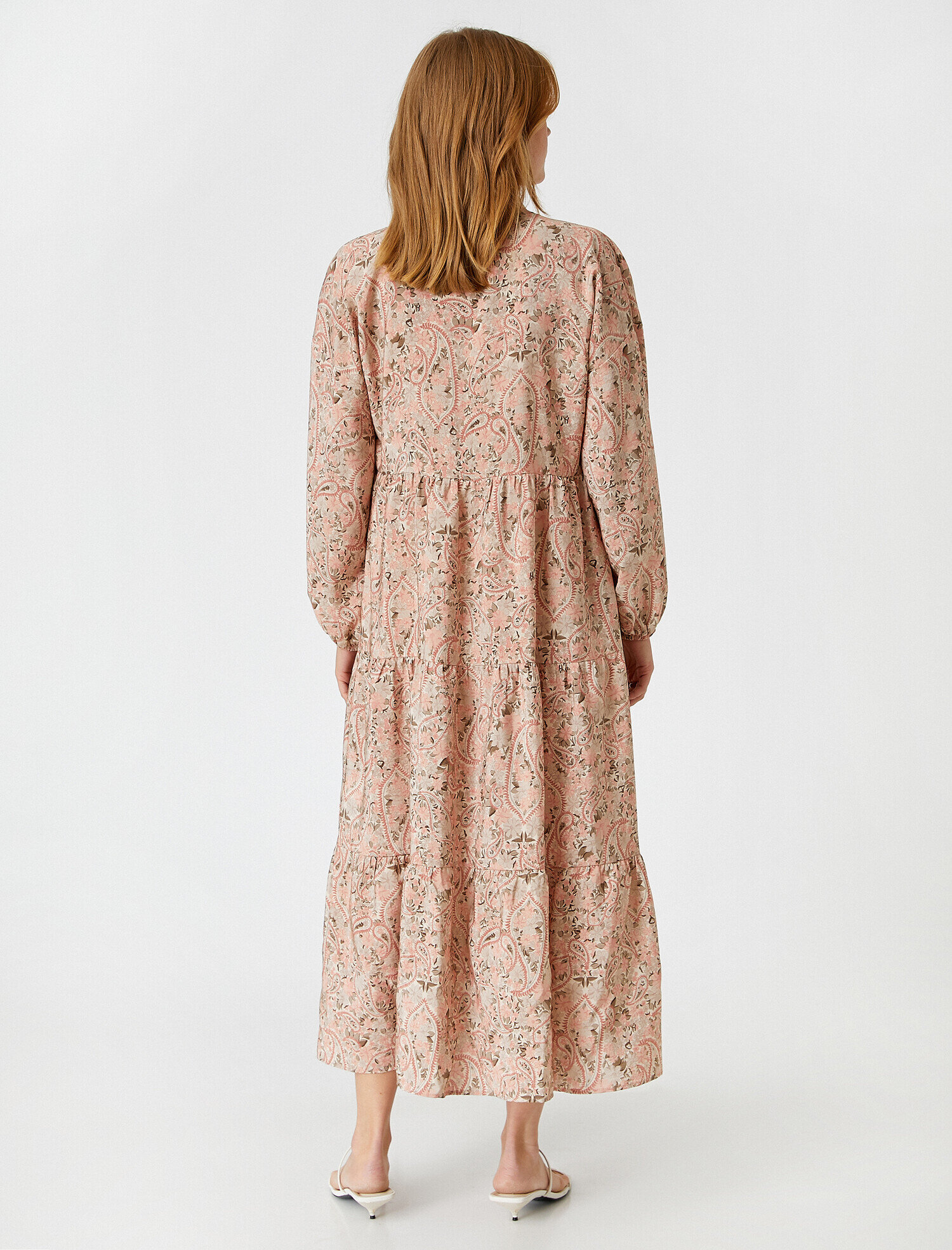   Çiçek Elbise Desenli Balon Kollu Fırfırlı Dik Yaka Uzun