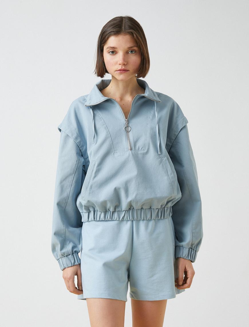   Fermuarlı Crop Sweatshirt Cepli