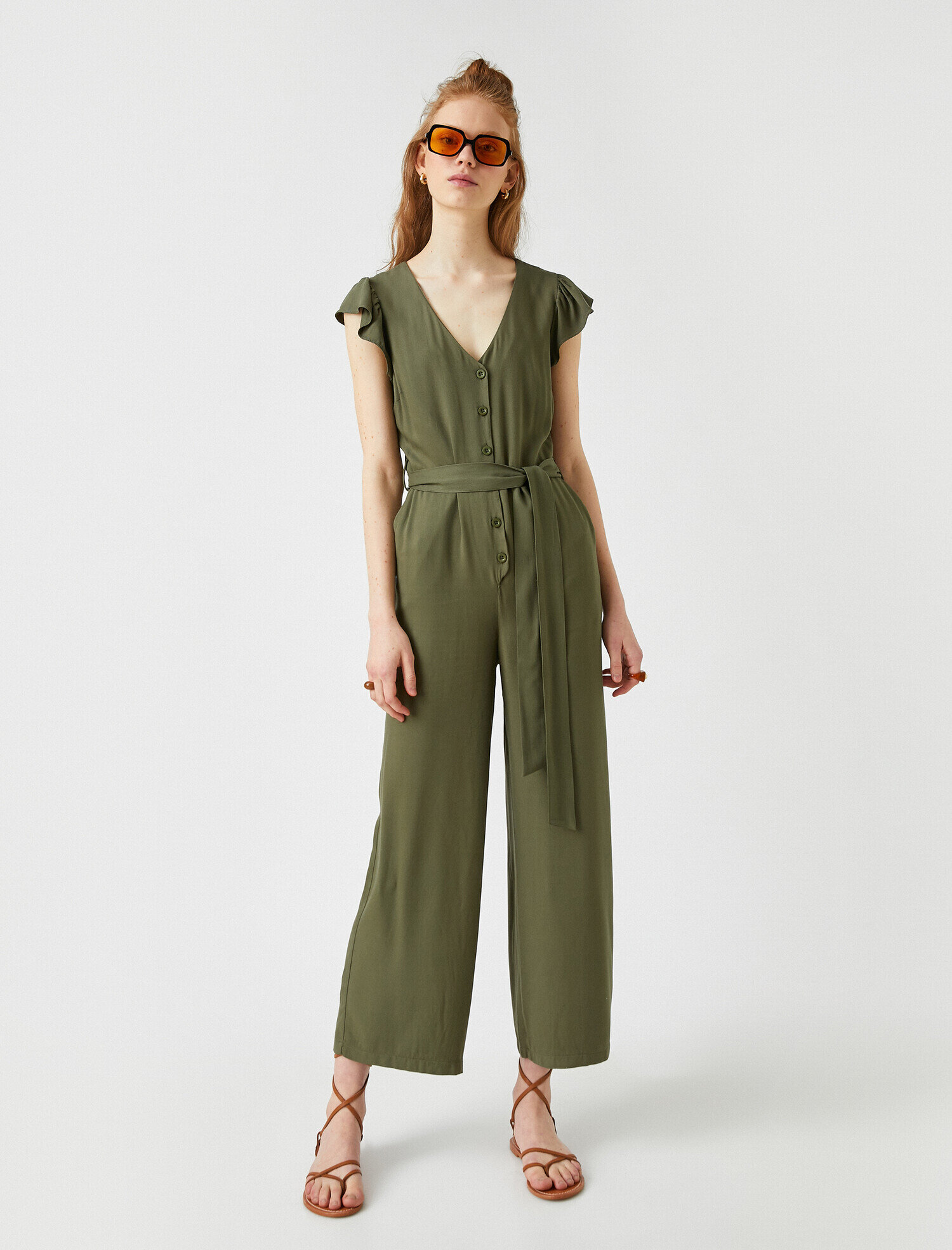   Kısa Kelebek Kol V Yaka Cep Detaylı Geniş Paça Tulum