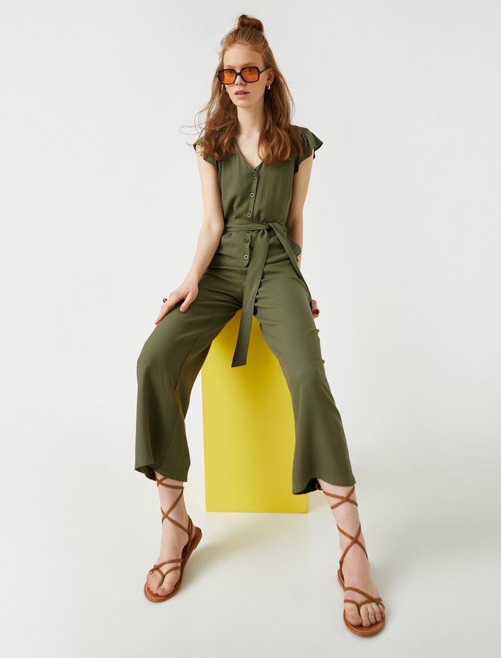  Kısa Kelebek Kol V Yaka Cep Detaylı Geniş Paça Tulum