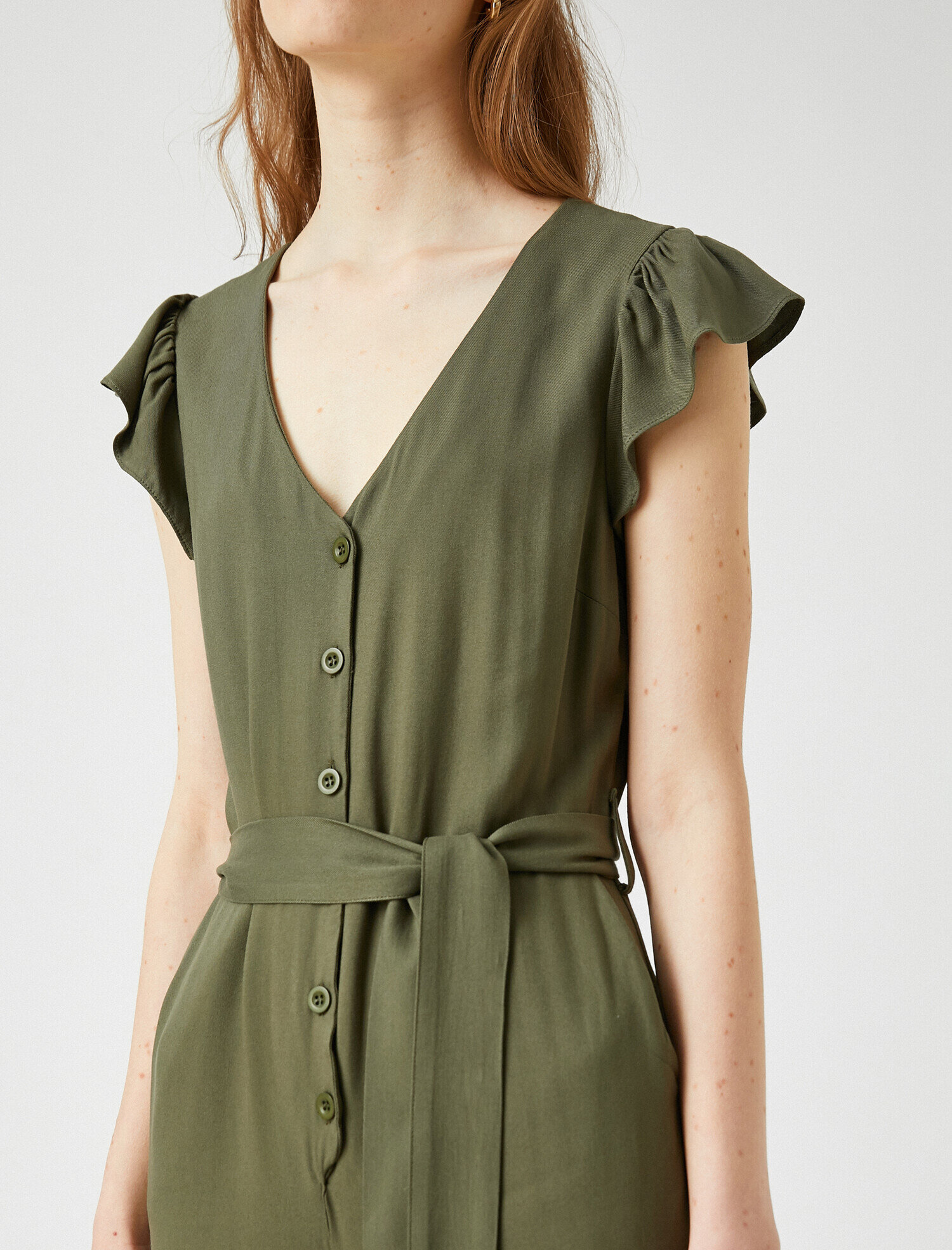   Kısa Kelebek Kol V Yaka Cep Detaylı Geniş Paça Tulum