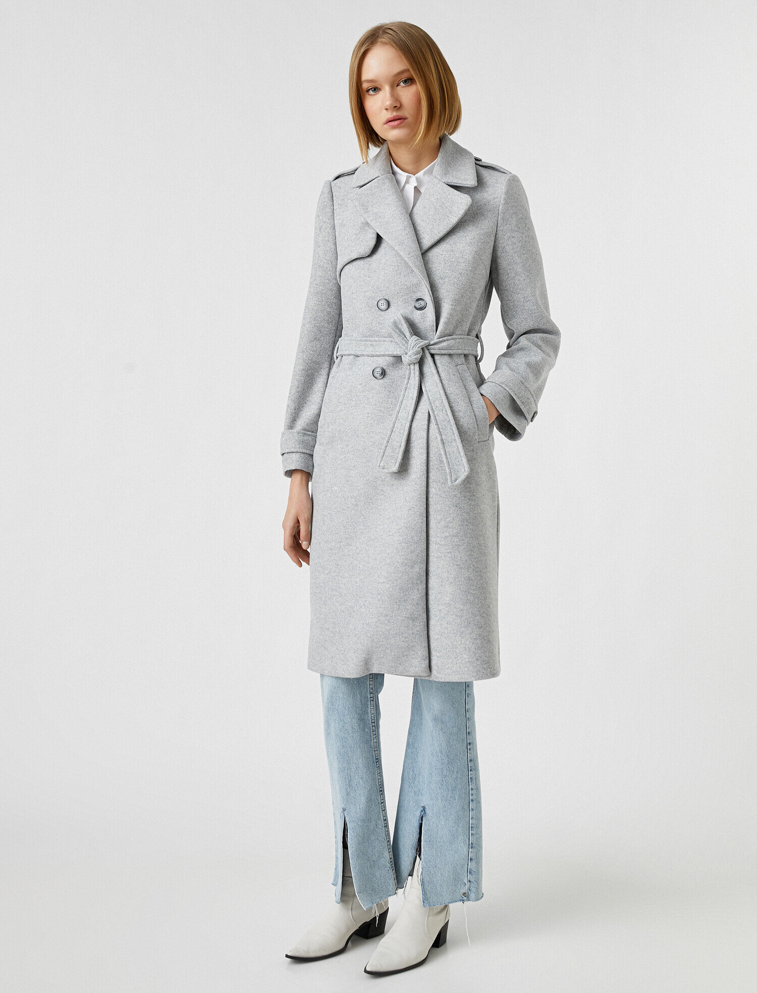   Kruvaze Yaka Kuşaklı Uzun Kaban