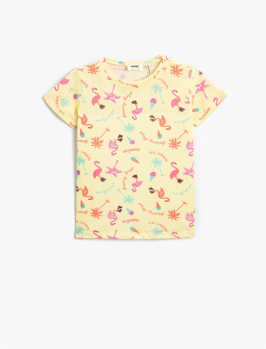  Kız Çocuk Yaz Temalı Flamingo Baskılı Kısa Kollu Tişört