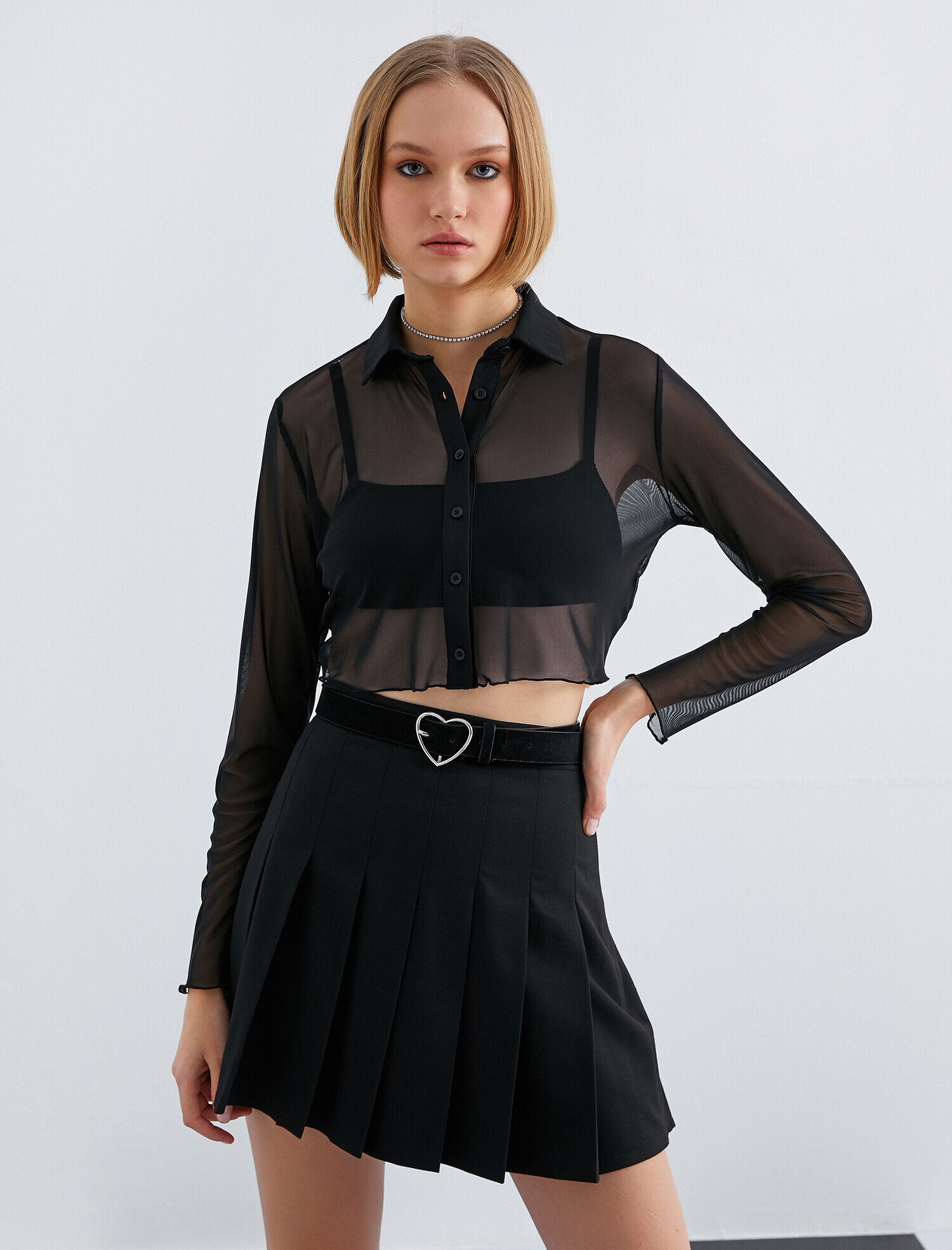   Uzun Kollu Tişört Desenli Şifon