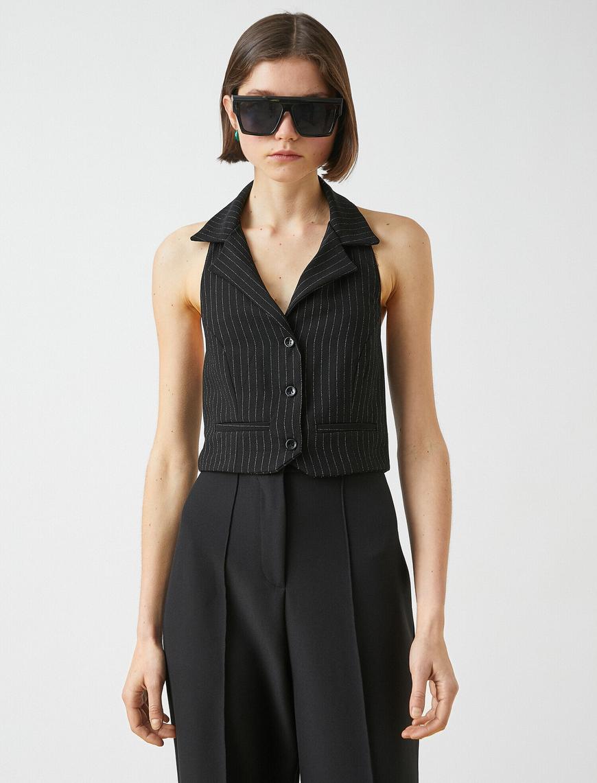   Halter Blazer Ceket Yaka Yelek Görünümlü Crop Atlet
