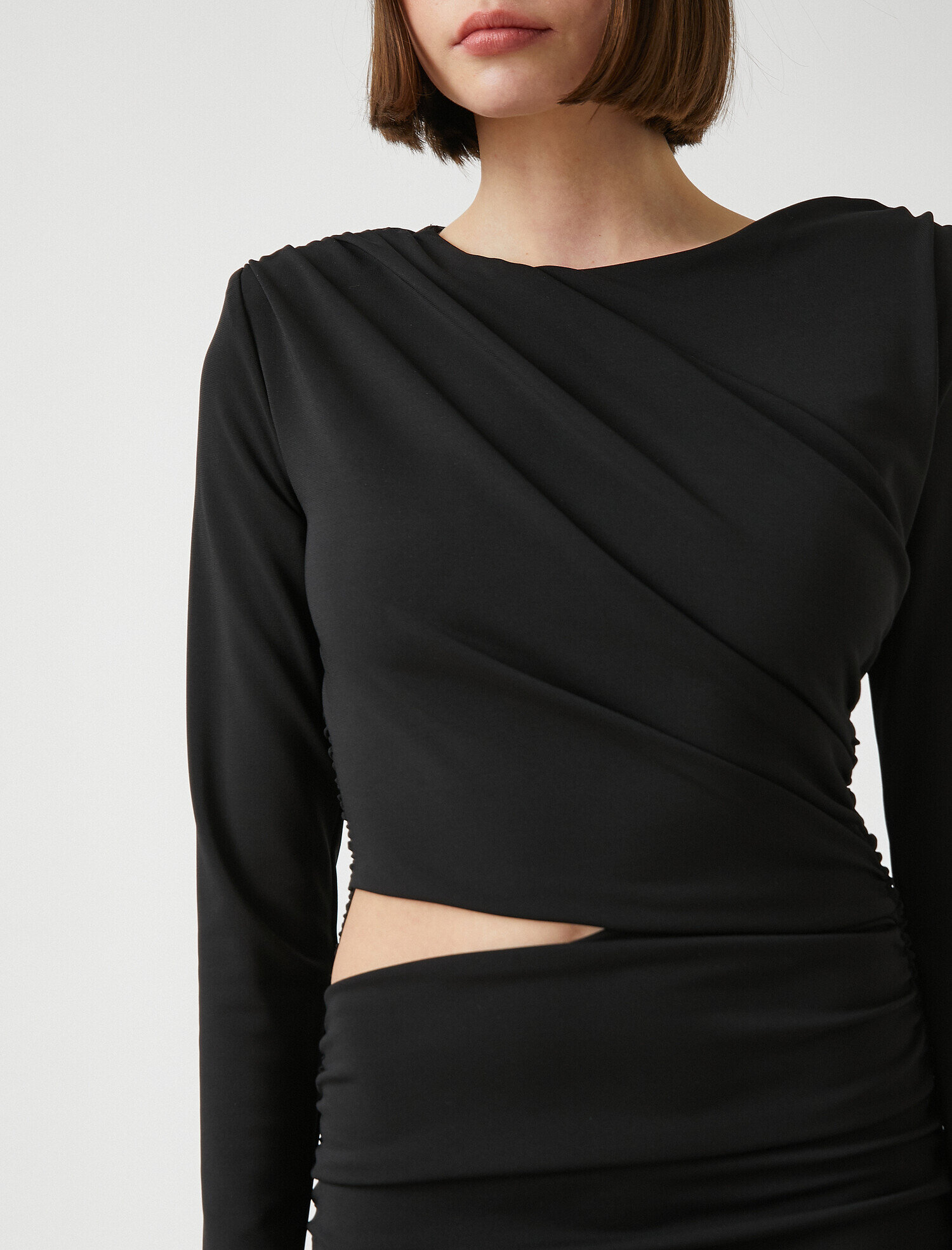   Pencere Detaylı Büzgülü Mini Elbise