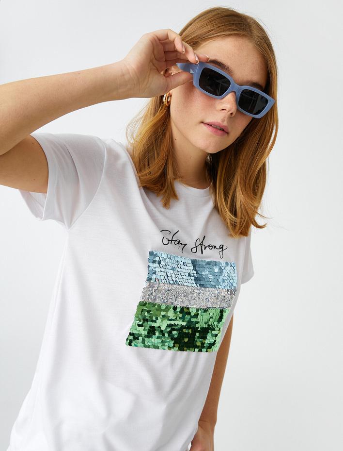  Bisiklet Yaka Payetli Baskılı Kısa Kollu Tişört