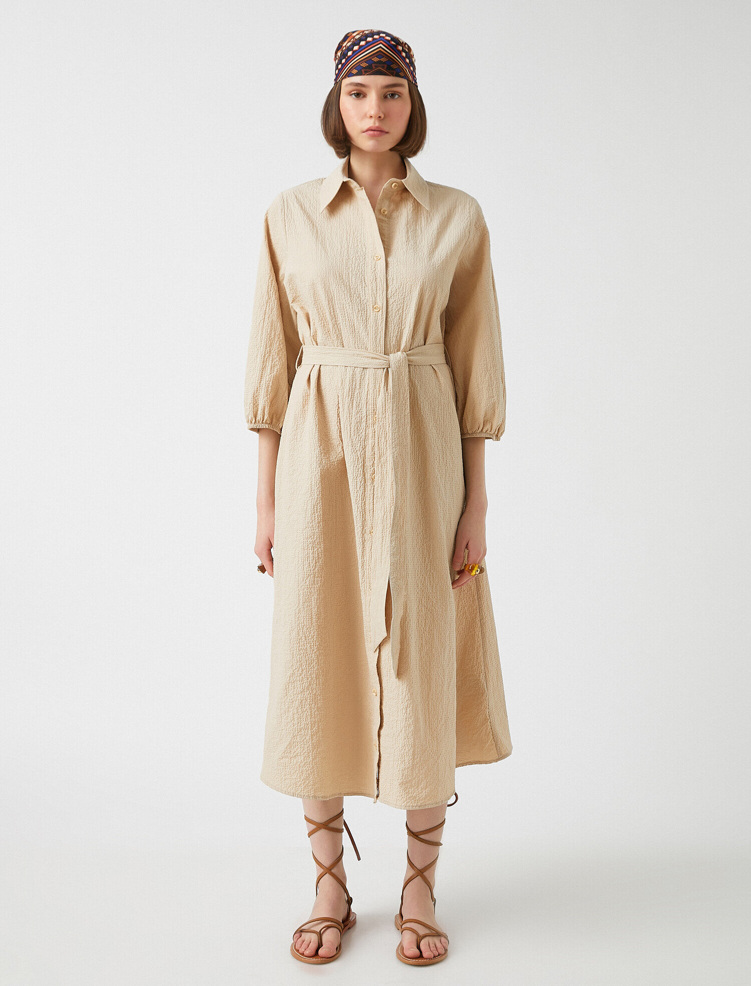   3/4 Kol Beli Bağlamalı Midi Elbise