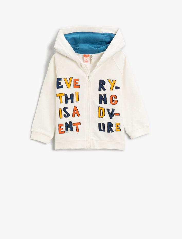 Erkek Bebek Sırtı Hayvan Baskılı Fermuarlı Kapüşonlu Sweatshirt Pamuklu