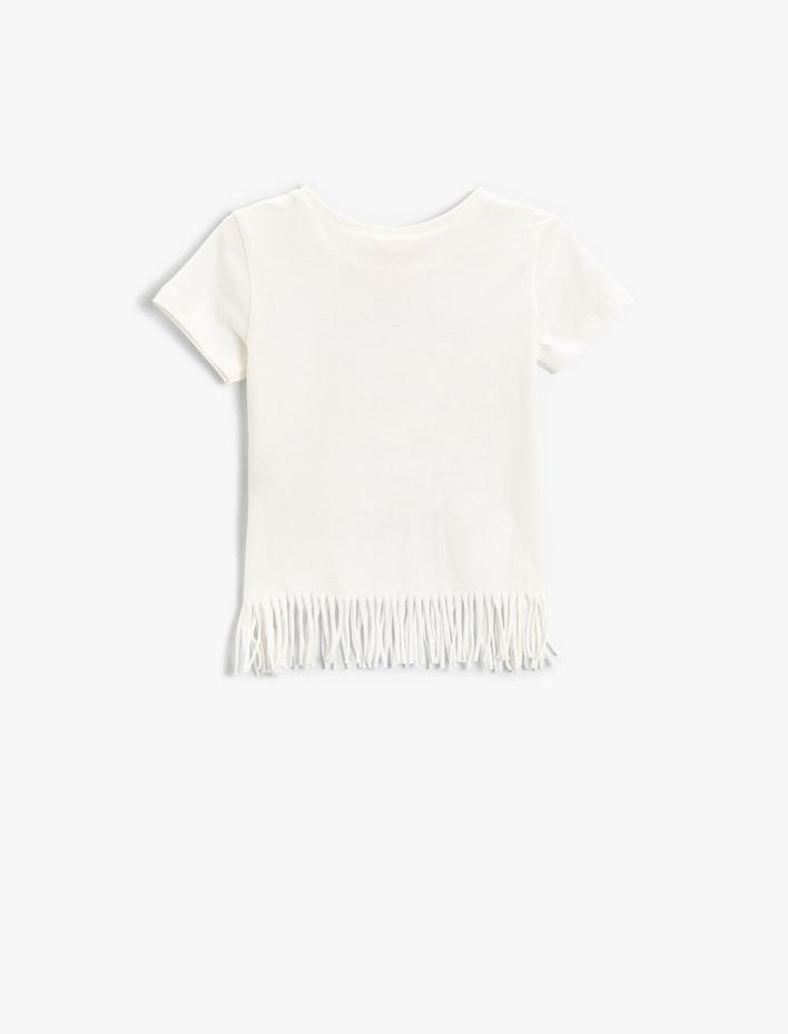 Kız Bebek Püsküllü Tişört Pamuklu Flamingo Aplike Detaylı Bisiklet Yaka Kısa Kollu