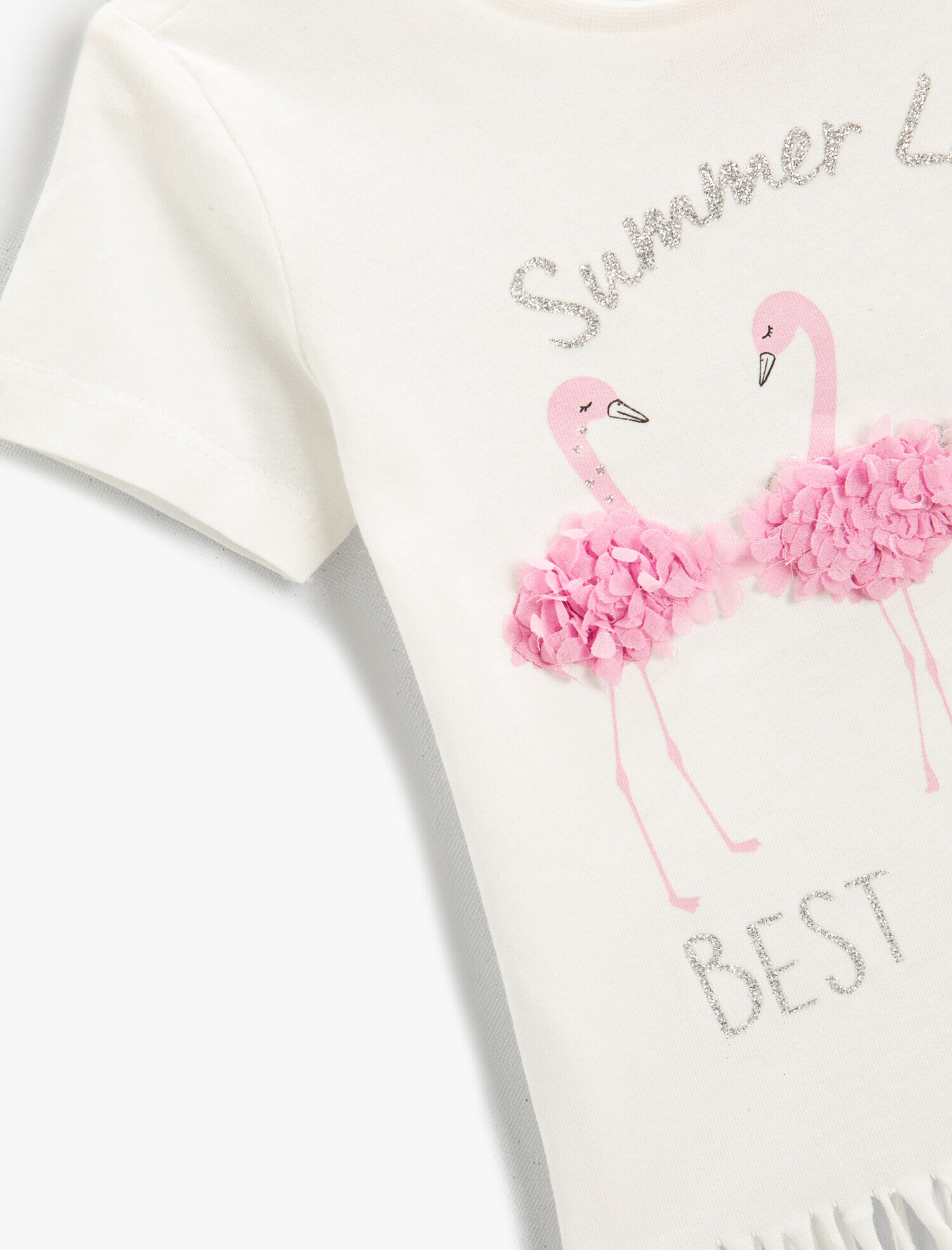  Kız Bebek Püsküllü Tişört Pamuklu Flamingo Aplike Detaylı Bisiklet Yaka Kısa Kollu