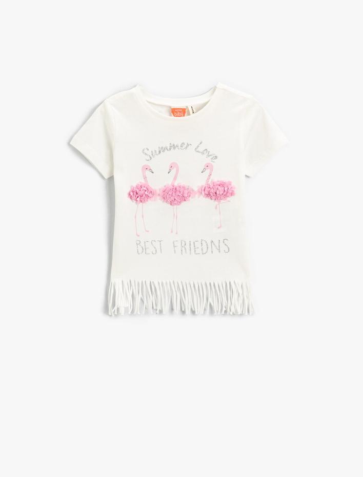 Kız Bebek Püsküllü Tişört Pamuklu Flamingo Aplike Detaylı Bisiklet Yaka Kısa Kollu
