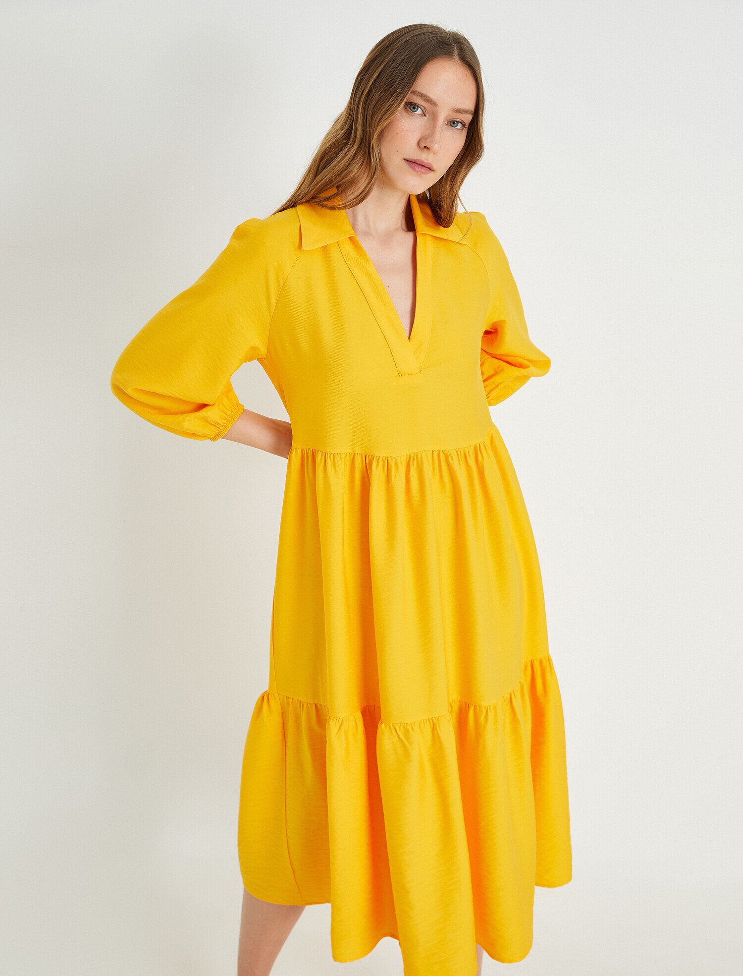   Fırfırlı Midi Balon Kol Elbise Polo Yaka