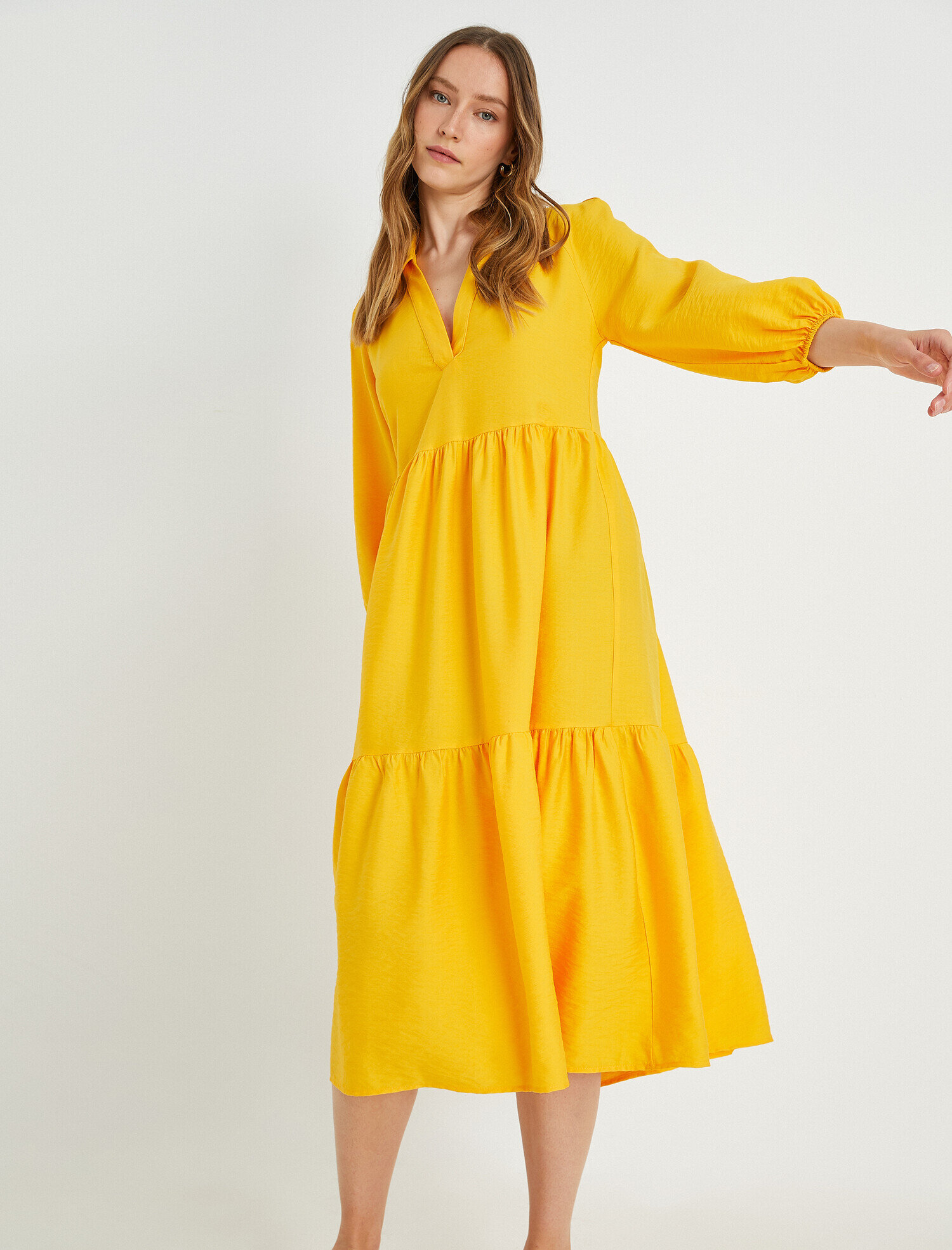   Fırfırlı Midi Balon Kol Elbise Polo Yaka