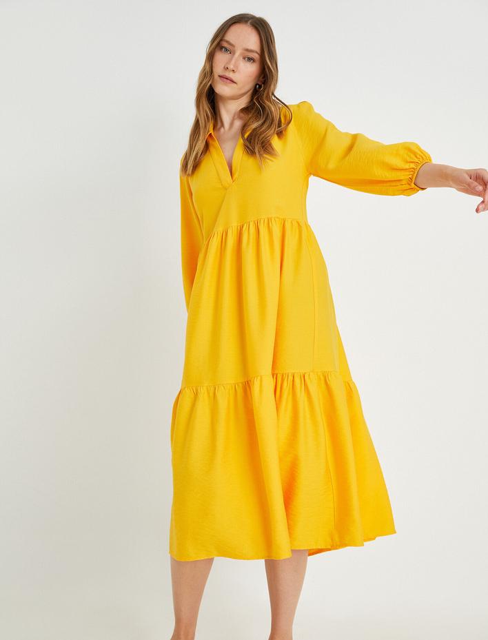  Fırfırlı Midi Balon Kol Elbise Polo Yaka