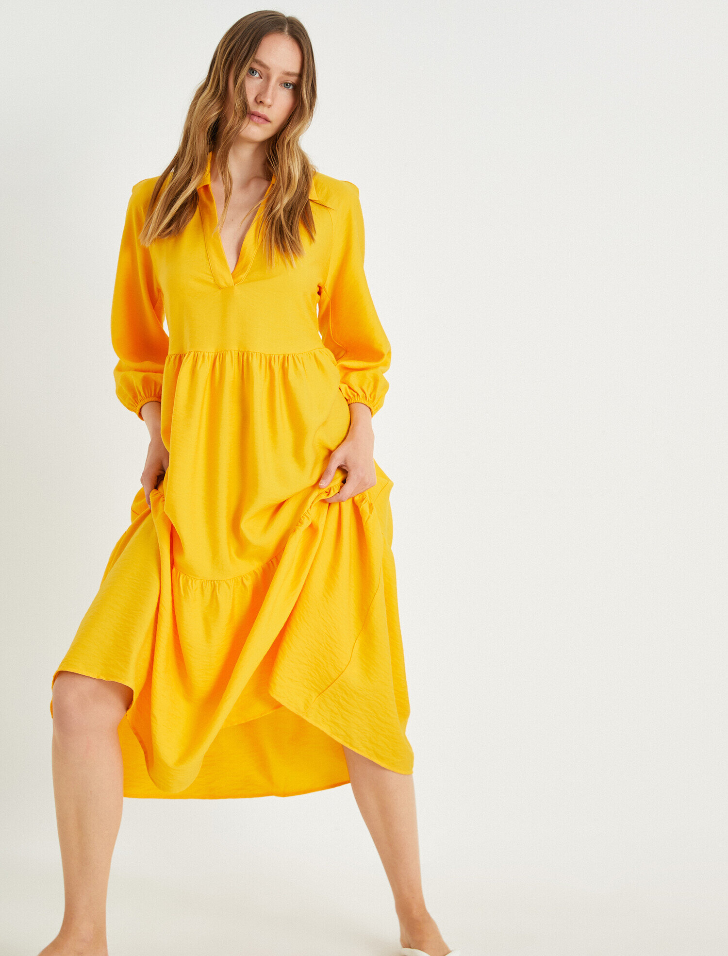   Fırfırlı Midi Balon Kol Elbise Polo Yaka