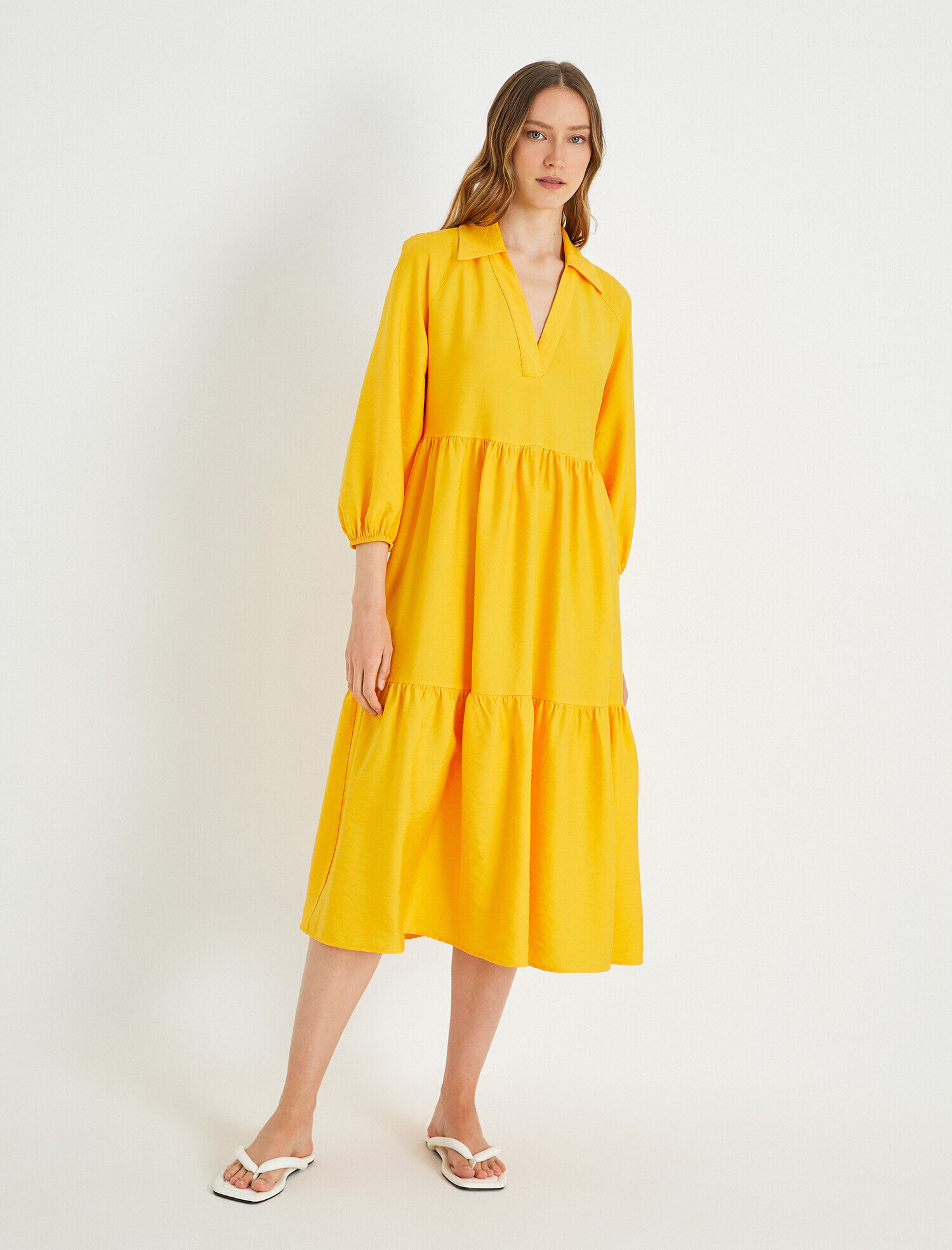   Fırfırlı Midi Balon Kol Elbise Polo Yaka