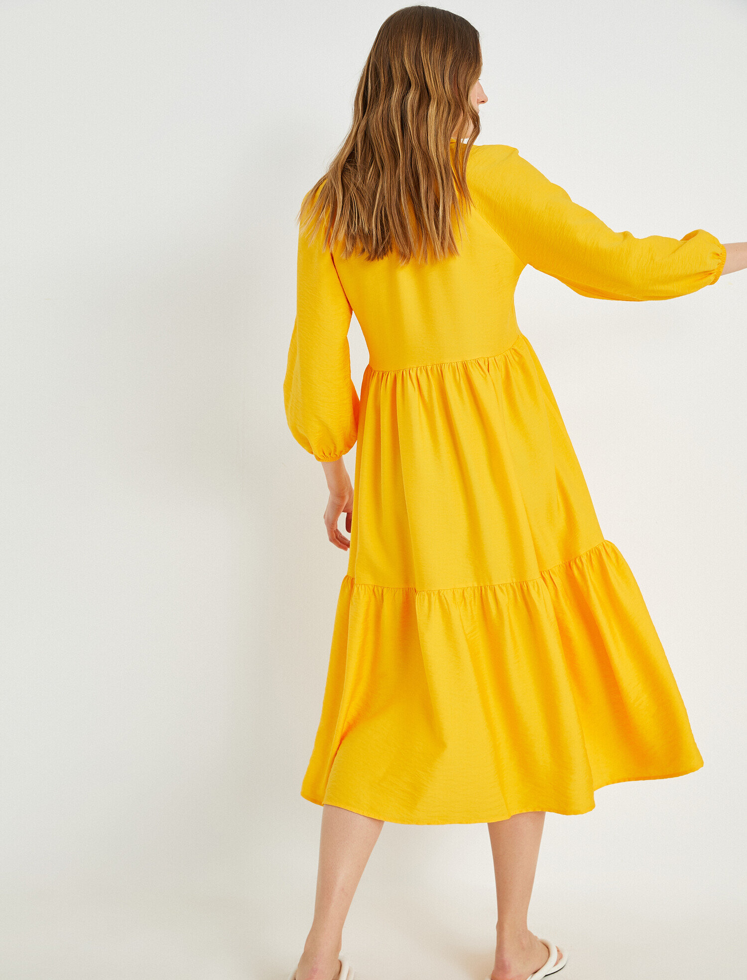   Fırfırlı Midi Balon Kol Elbise Polo Yaka