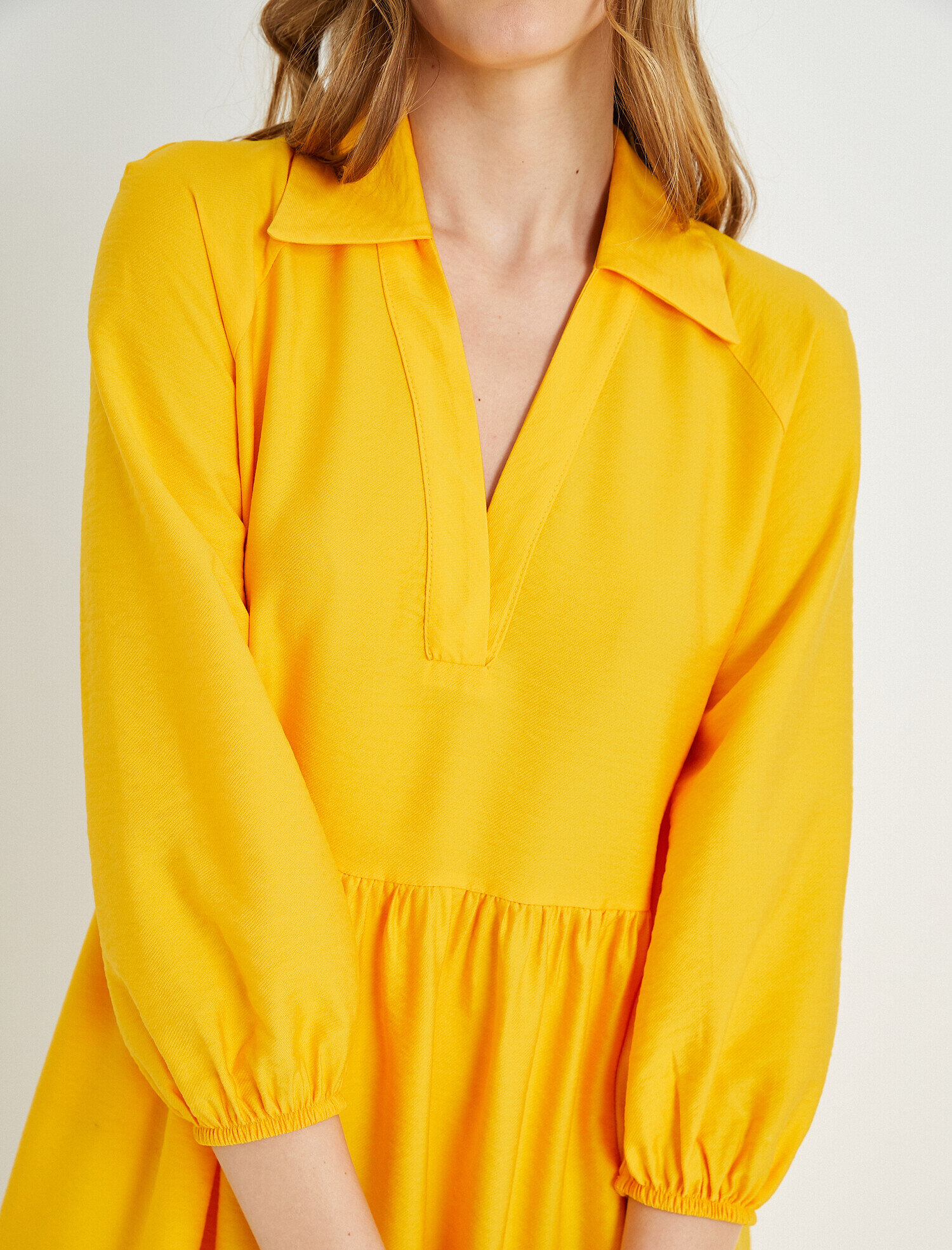   Fırfırlı Midi Balon Kol Elbise Polo Yaka