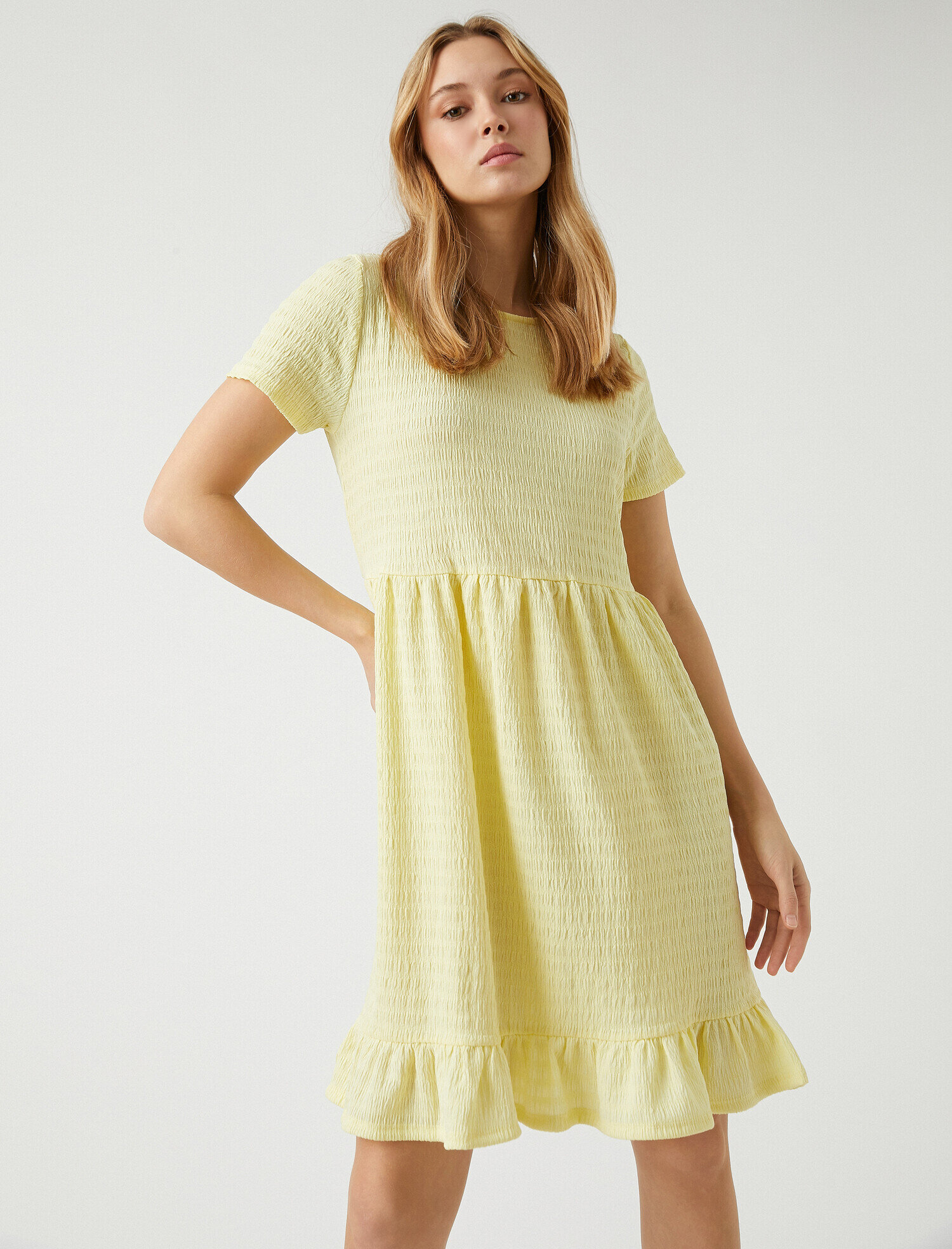   Fırfırlı Midi Elbise Kısa Kollu Bisiklet Yaka