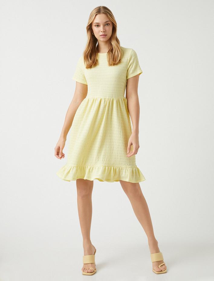  Fırfırlı Midi Elbise Kısa Kollu Bisiklet Yaka