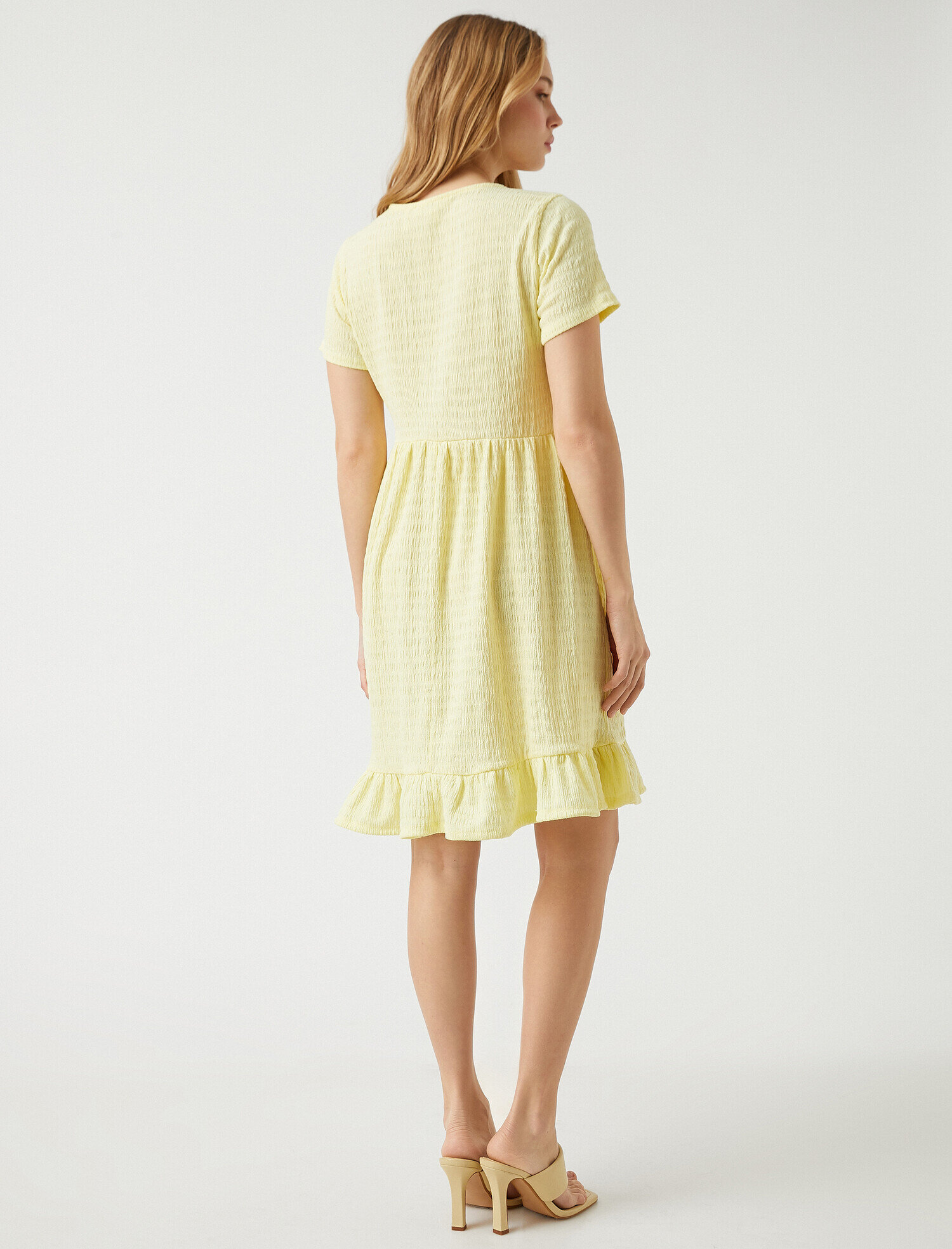   Fırfırlı Midi Elbise Kısa Kollu Bisiklet Yaka