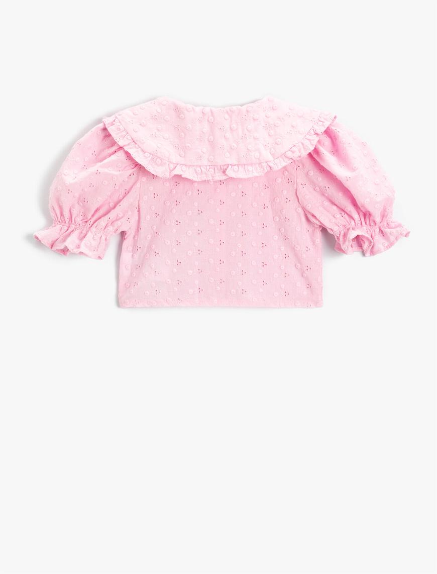  Kız Çocuk Crop Bluz Bebe Yaka Balon Kollu İşleme Detaylı Pamuklu