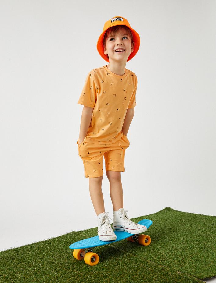 Erkek Çocuk Beli Lastikli İpli Baskılı Şort Cepli Pamuklu