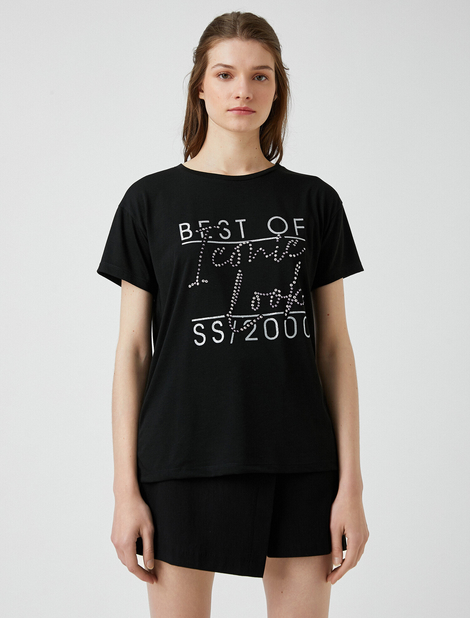   Baskılı Pullu Tişört Bisiklet Yaka