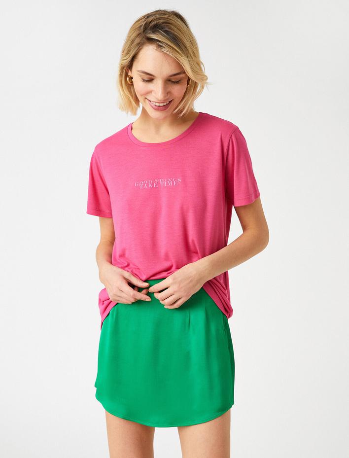  Baskılı Kısa Kollu Tişört Bisiklet Yaka