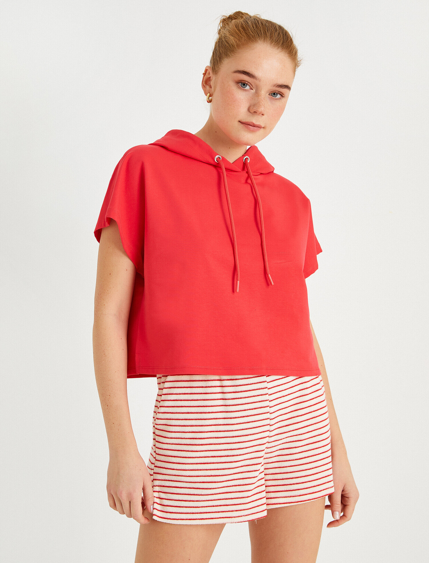   Crop Sweatshirt Kapüşonlu Kısa Kollu