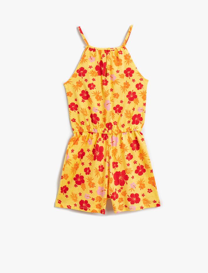 Kız Çocuk Çiçekli Halter Yaka Şort Tulum Pamuklu