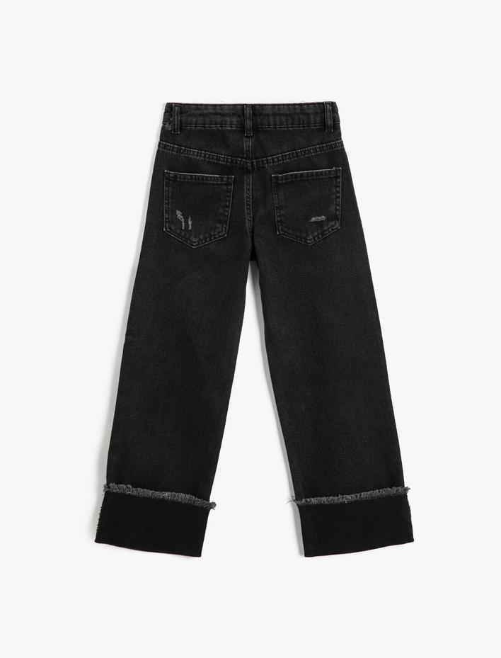 Kız Çocuk Kot Pantolon Destroylu Geniş Paça Pamuklu - Boyfriend Jean