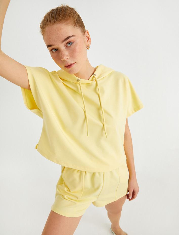  Crop Sweatshirt Kapüşonlu Kısa Kollu
