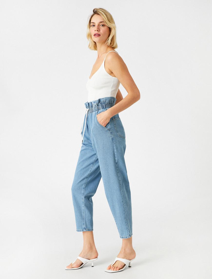   Beli Bağlamalı Yüksek Bel Kot Pantolon- Mom Jean