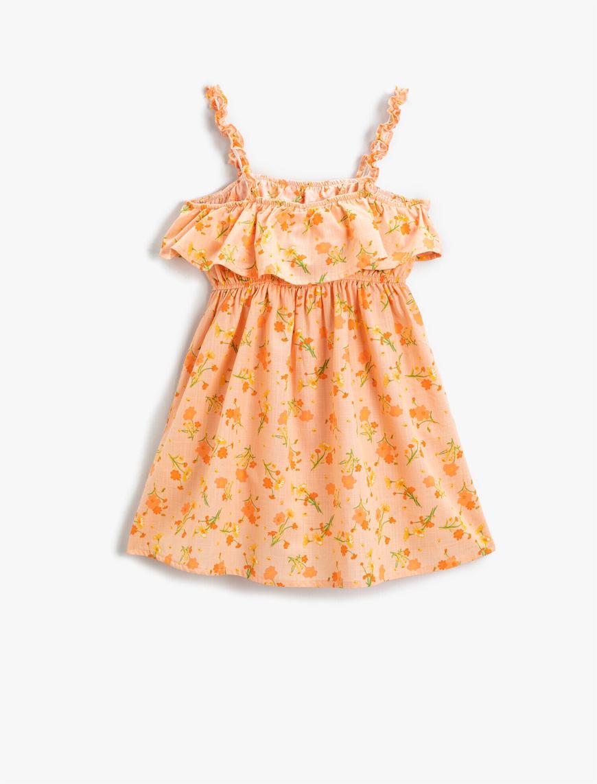  Kız Çocuk Çiçekli Elbise Fırfırlı Askılı Mini