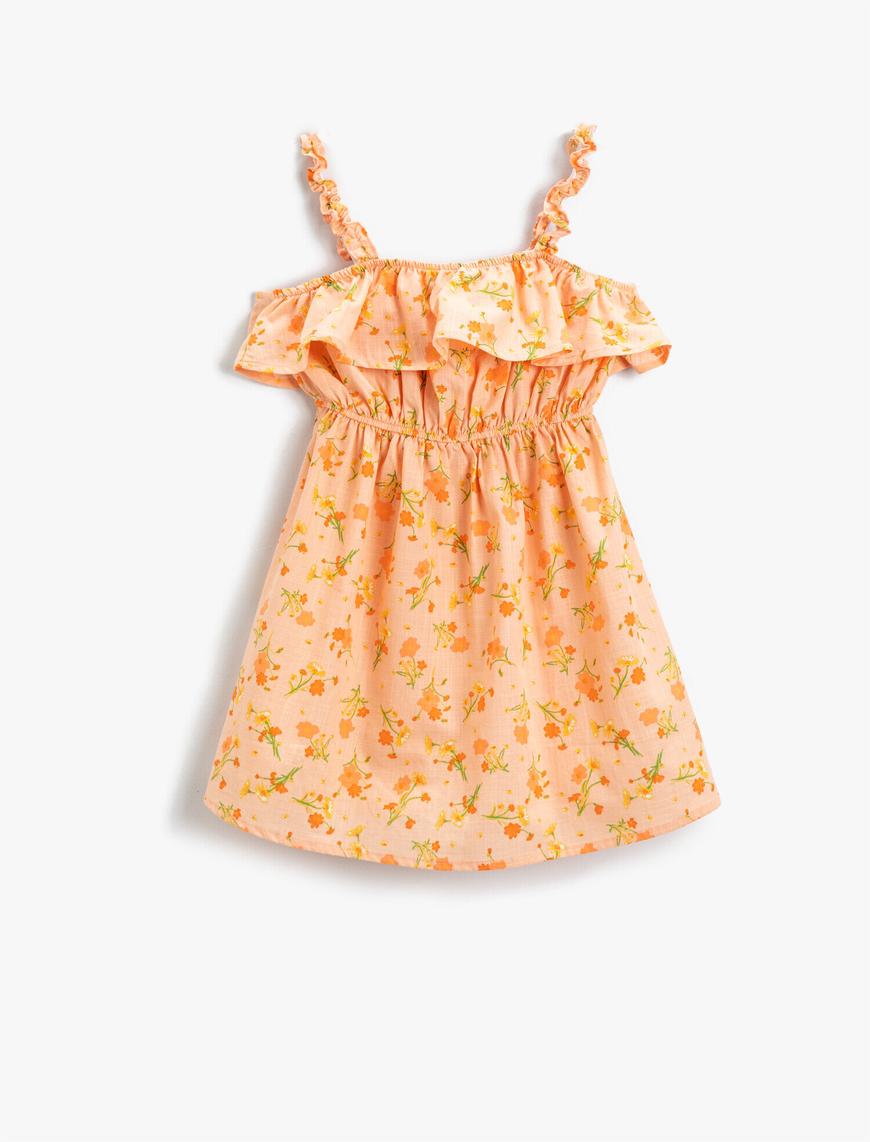  Kız Çocuk Çiçekli Elbise Fırfırlı Askılı Mini