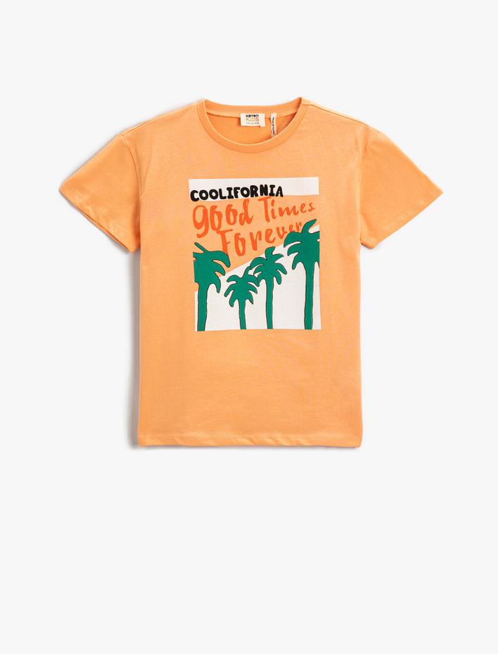 Erkek Çocuk Palmiye Baskılı Tişört Şehir Temalı Pamuklu Bisiklet Yaka