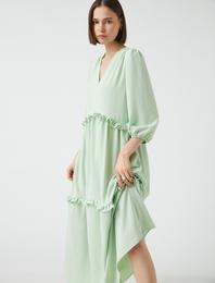 Fırfırlı Uzun Elbise V Yaka Dökümlü Rahat Kesim